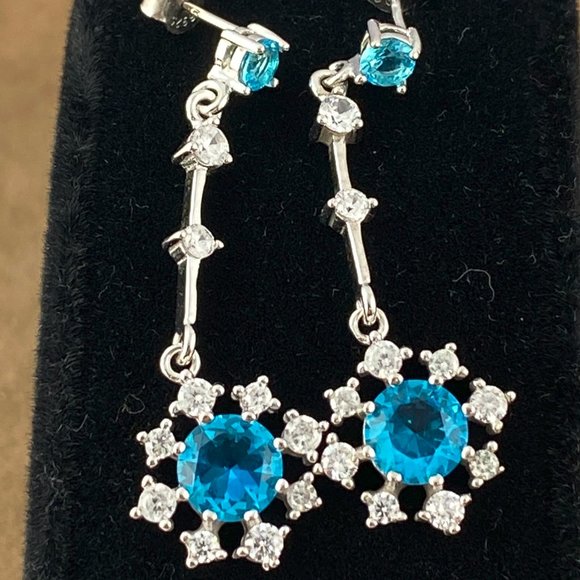 2 Caret Blue Topaz and CZ Drop Earrings - Picture 3 of 6